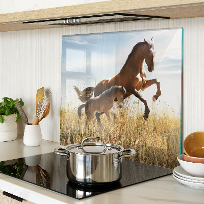 Glass kitchen board Horses in a meadow in the sun