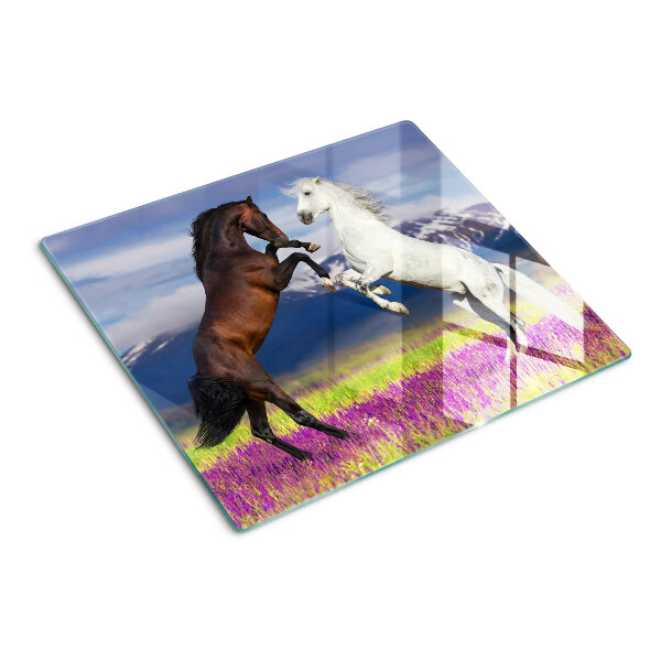 Glass chopping board Horses against the backdrop of mountains and flowers