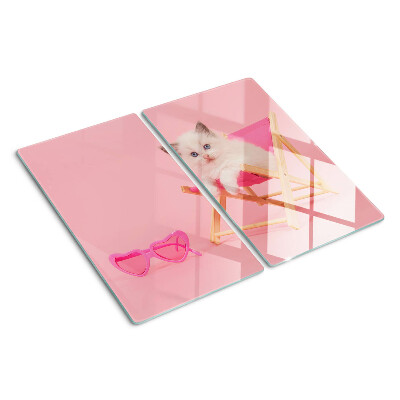 Glass chopping board Kitten on a deckchair on a pink background