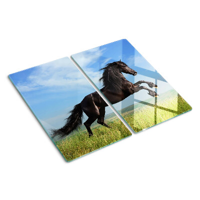 Glass kitchen board Black horse in the meadow