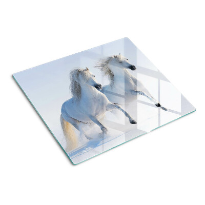 Glass chopping board Two white horses galloping madly