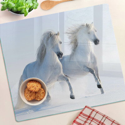 Glass chopping board Two white horses galloping madly