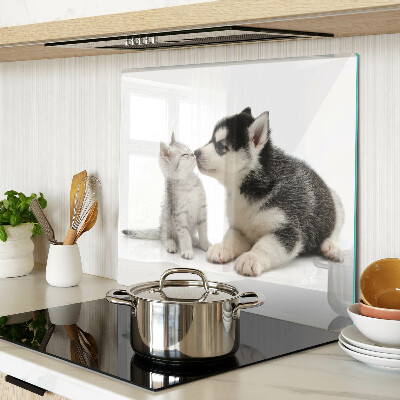 Glass kitchen board Kitten and puppy in friendship