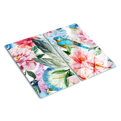 Glass chopping board Flowers and birds in watercolor