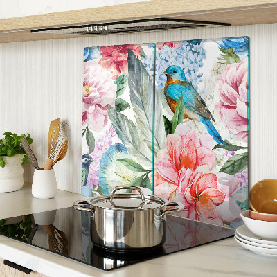 Glass chopping board Flowers and birds in watercolor