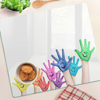 Glass kitchen board Colorful smiling hands