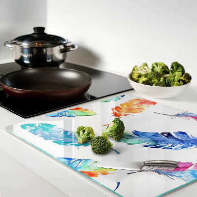 Glass chopping board Feathers in watercolor