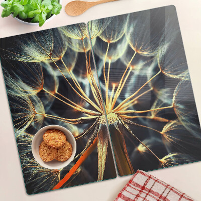 Glass chopping board Dandelions in macro photography