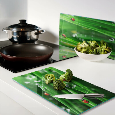 Glass kitchen board Water drops on grass with ladybugs
