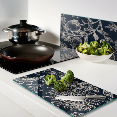 Glass chopping board Flowers and birds on a dark background