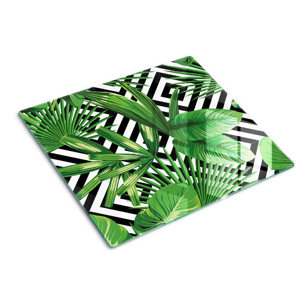 Glass kitchen board Tropical leaves on stripes