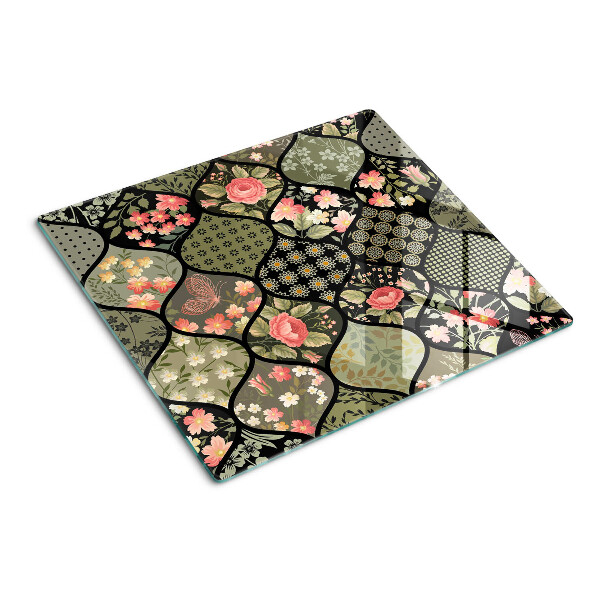 Glass chopping board Floral patchwork with geometric patterns