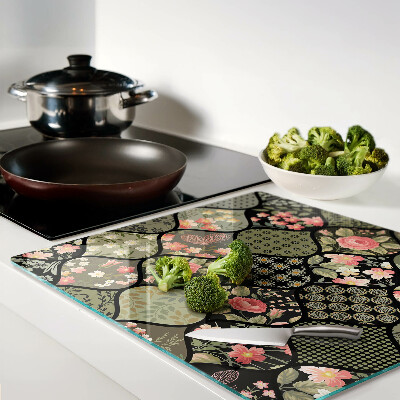 Glass chopping board Floral patchwork with geometric patterns