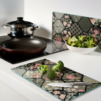 Glass chopping board Floral patchwork with geometric patterns