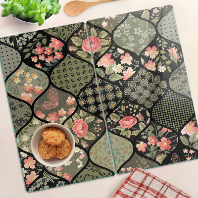 Glass chopping board Floral patchwork with geometric patterns
