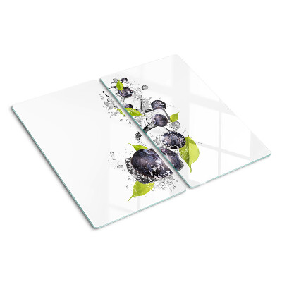 Glass kitchen board Plums in water with leaves