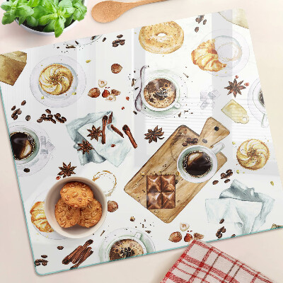 Glass kitchen board Coffee delicacies and baked goods