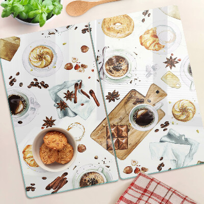Glass kitchen board Coffee delicacies and baked goods