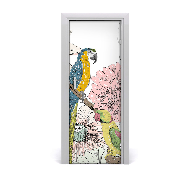 Self-adhesive door sticker Parrots and flowers