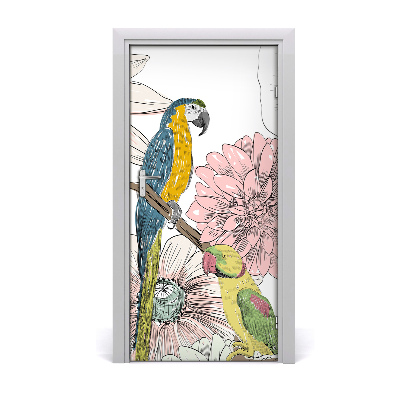 Self-adhesive door sticker Parrots and flowers