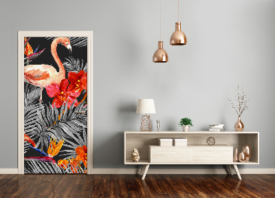 Self-adhesive door sticker Flamingos and flowers