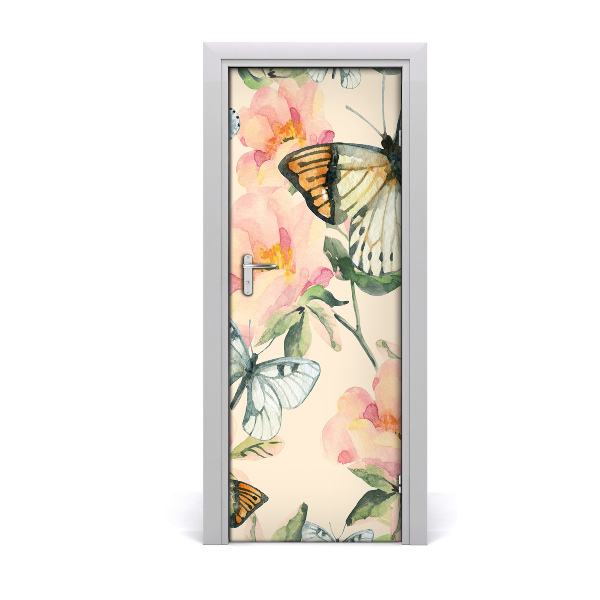 Self-adhesive door veneer Roses and butterflies