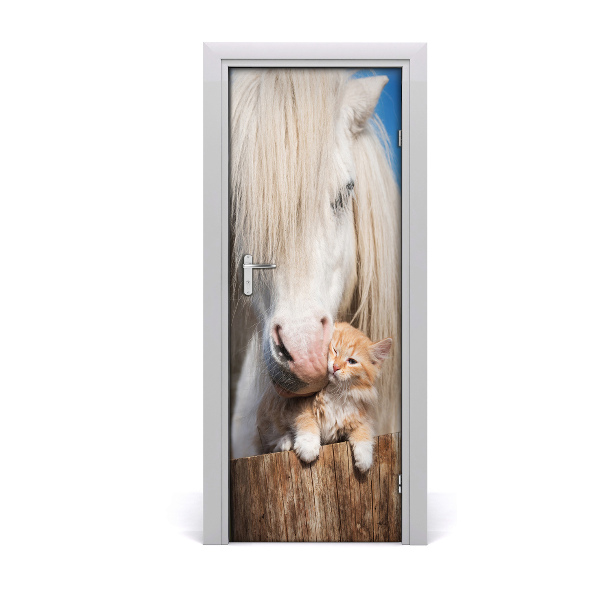 Self-adhesive door sticker White horse with a cat