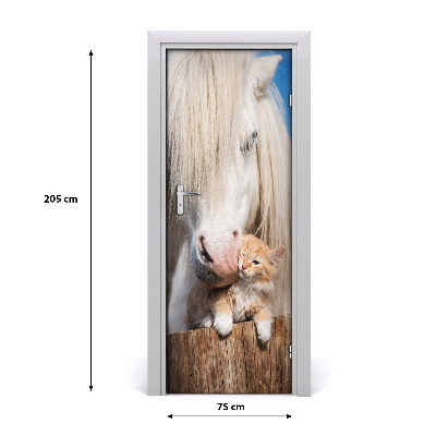 Self-adhesive door sticker White horse with a cat