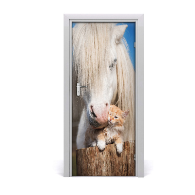 Self-adhesive door sticker White horse with a cat