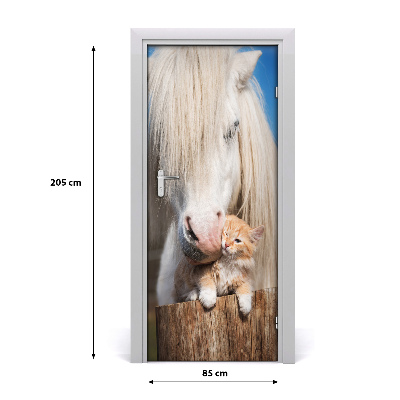 Self-adhesive door sticker White horse with a cat