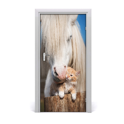 Self-adhesive door sticker White horse with a cat