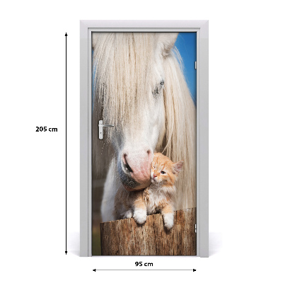 Self-adhesive door sticker White horse with a cat