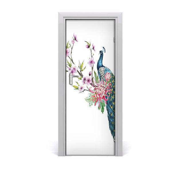 Self-adhesive door sticker Peacock and flowers