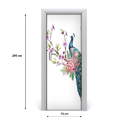 Self-adhesive door sticker Peacock and flowers