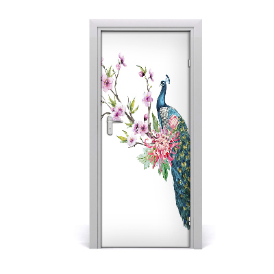 Self-adhesive door sticker Peacock and flowers