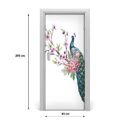 Self-adhesive door sticker Peacock and flowers