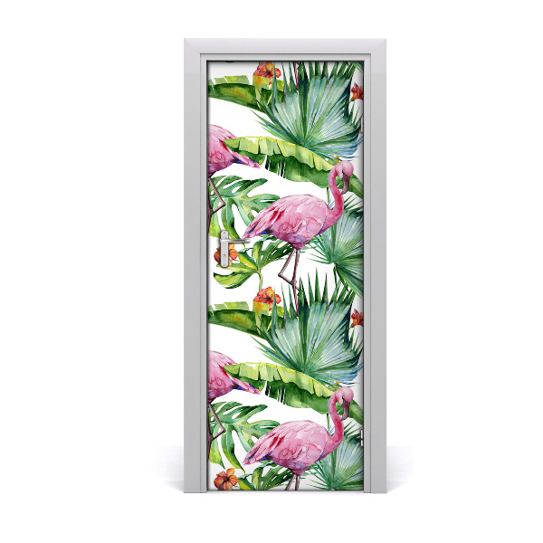 Self-adhesive door veneer Leaves and flamingos