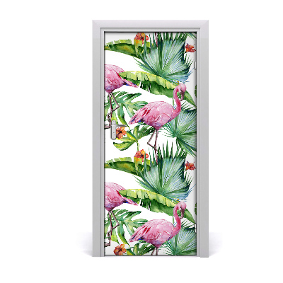 Self-adhesive door veneer Leaves and flamingos