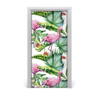 Self-adhesive door veneer Leaves and flamingos