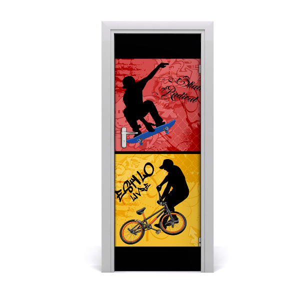 Self-adhesive door wallpaper Bike and skateboard