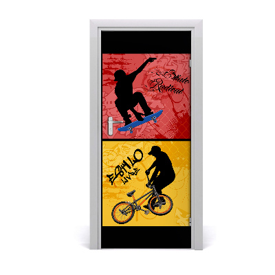 Self-adhesive door wallpaper Bike and skateboard