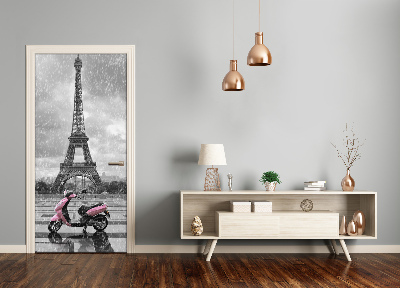 Self-adhesive door wallpaper Eiffel tower scooter