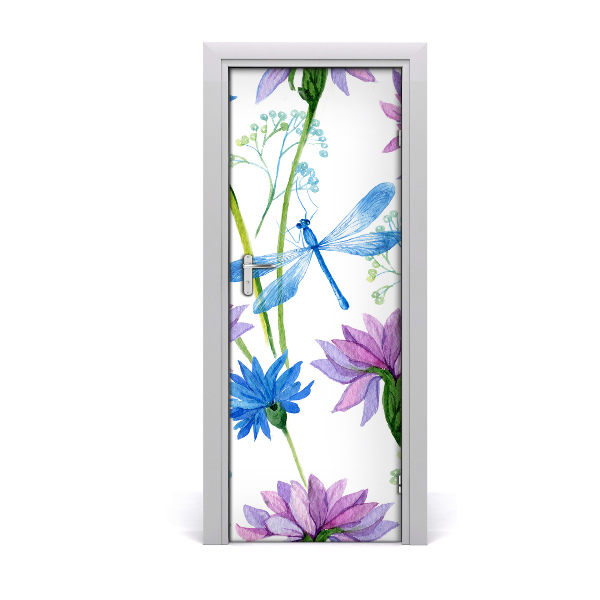 Self-adhesive door veneer Flowers and dragonflies