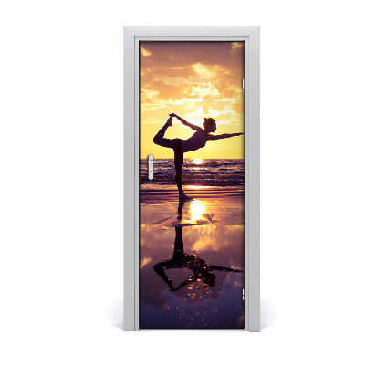 Door wallpaper Yoga people on the beach