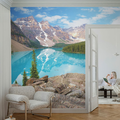 Wall mural for living room featuring a blue lake design