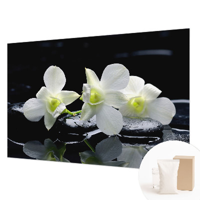 Bedroom wall mural wallpaper with a floral and stone motif