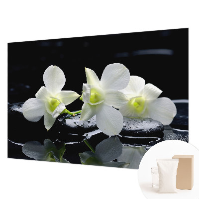 Bedroom wall mural wallpaper with a floral and stone motif