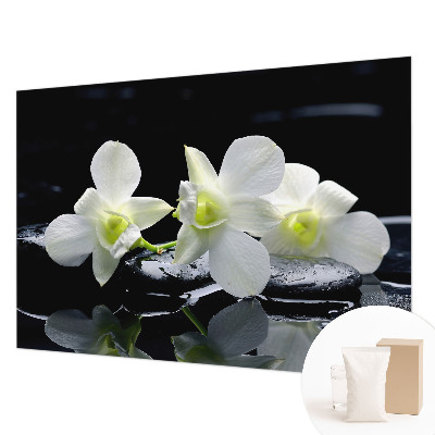 Bedroom wall mural wallpaper with a floral and stone motif