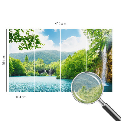 Large wallpaper mural featuring a natural waterfall scene