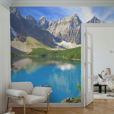 Wall mural for living room with a mountain lake motif